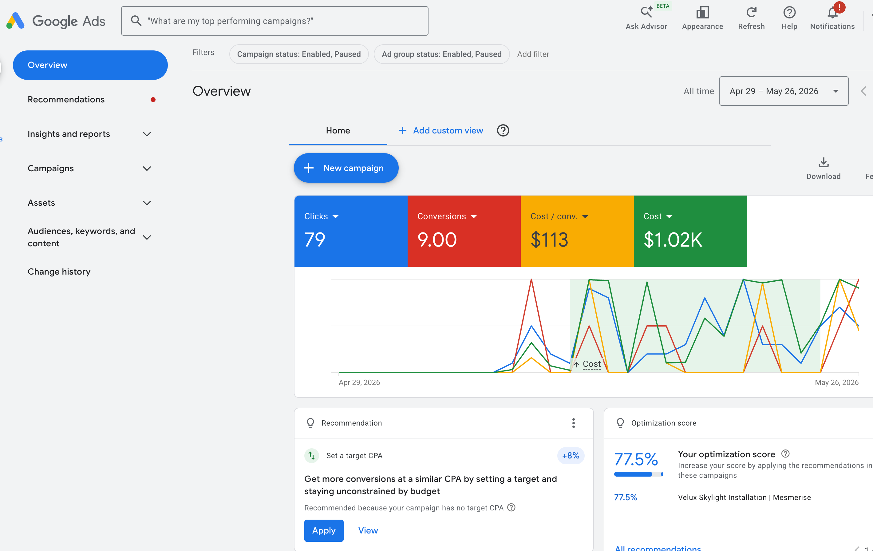 Google Ads — local service overview, Apr–May 2026