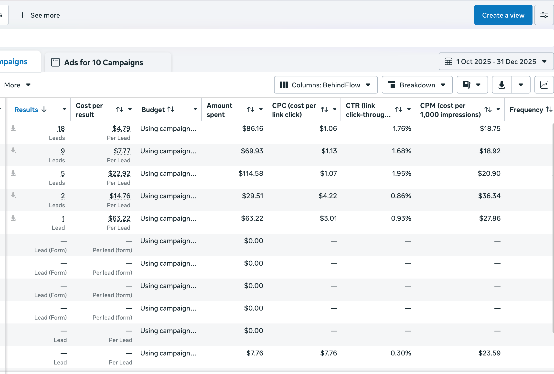 Meta Ads — lead campaigns Q4 2025